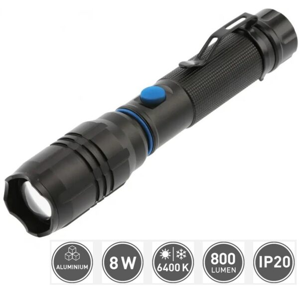 LED Flashlight with Built-in Battery 2000mAh, 8W, 800lm, 6400K, IP20, Black LT-LA8WT2-60 picture#0